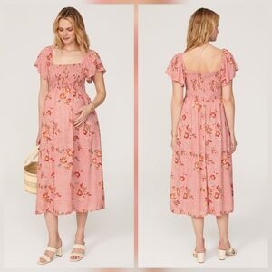 Ripe Libby Smocked Maternity Dress A-line Short Sleeves Square Neck Size S